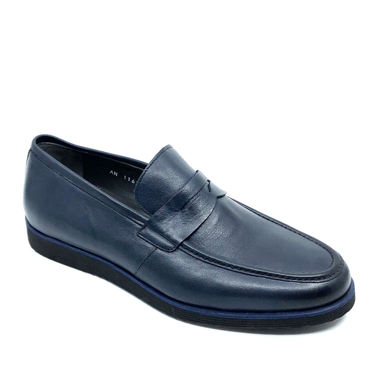 Erkek Lacivert Hakiki Deri Bağcıksız Günlük Klasik Ayakkabı, Renk: Lacivert, Beden: 40
