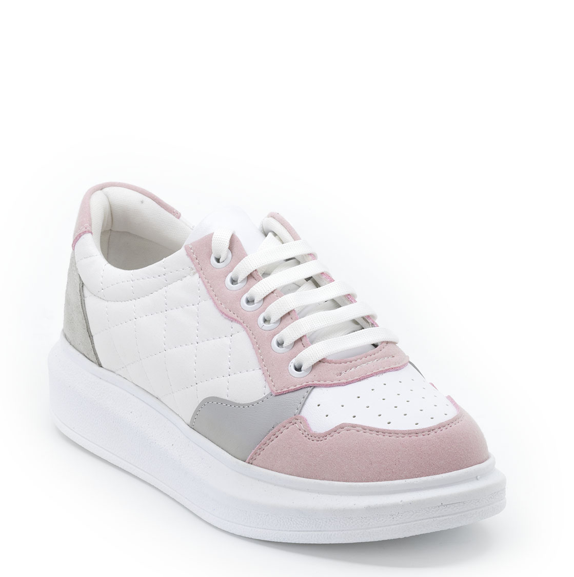 Kadın Kalın Tabanlı Bağcıklı Beyaz - Pembe - Gri Sneakers Günlük Spor Rahat Ayakkabı, Renk: Beyaz, Beden: 36, 3 image