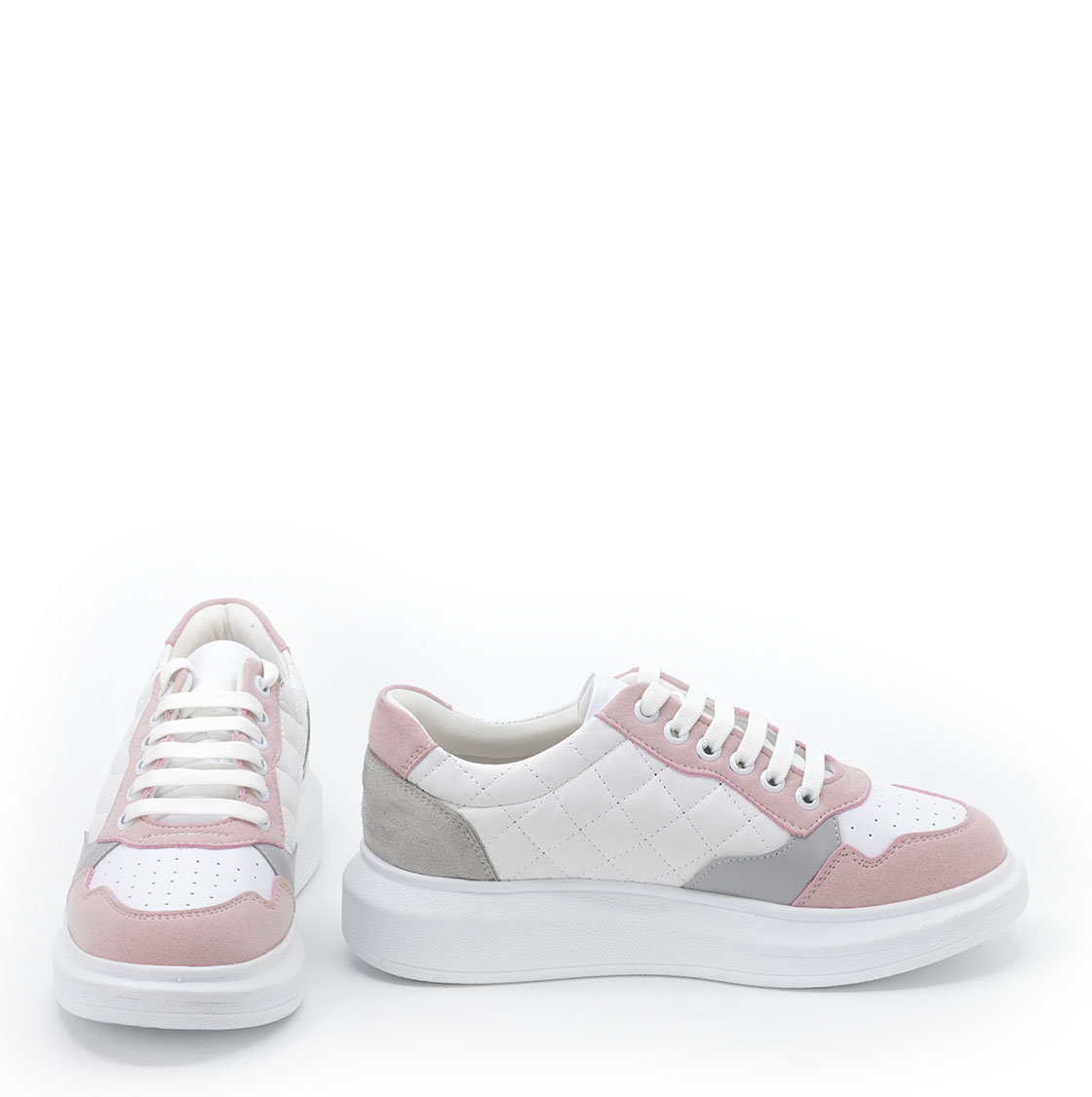 Kadın Kalın Tabanlı Bağcıklı Beyaz - Pembe - Gri Sneakers Günlük Spor Rahat Ayakkabı, Renk: Beyaz, Beden: 36, 8 image