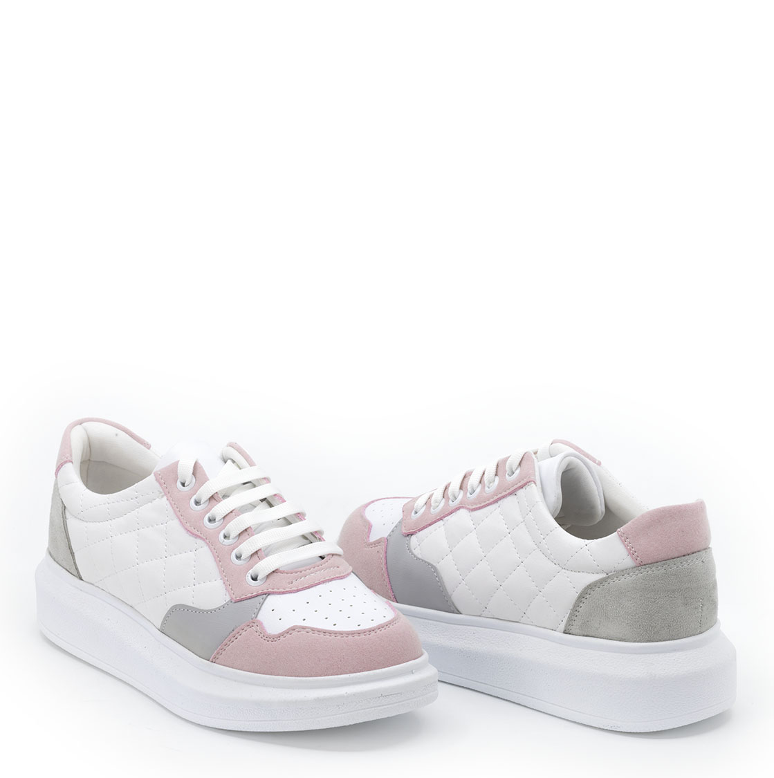 Kadın Kalın Tabanlı Bağcıklı Beyaz - Pembe - Gri Sneakers Günlük Spor Rahat Ayakkabı, Renk: Beyaz, Beden: 36, 9 image