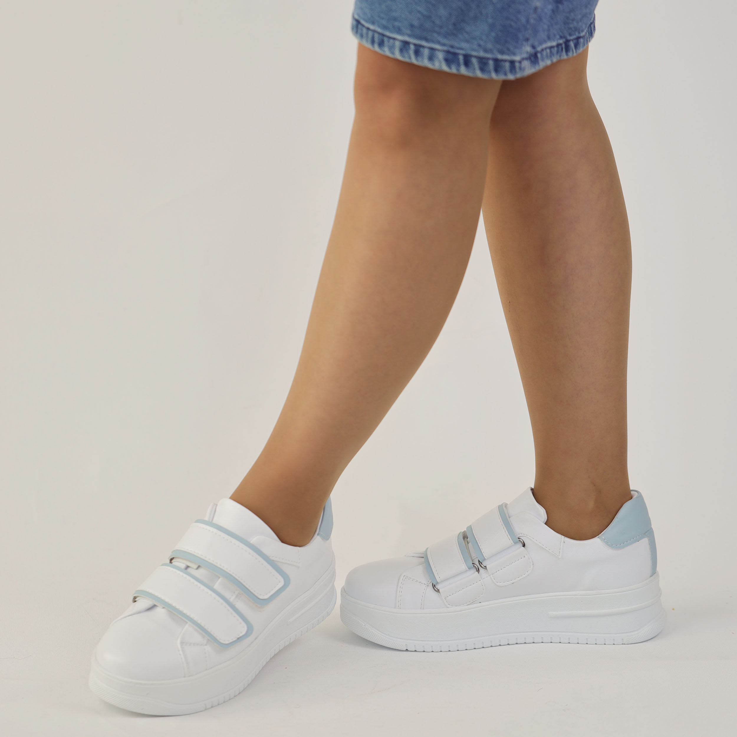 Kadın Cırtlı Beyaz Mavi Kalın Yüksek Tabanlı 5 cm Günlük Spor Ayakkabı, Renk: Beyaz, Beden: 38