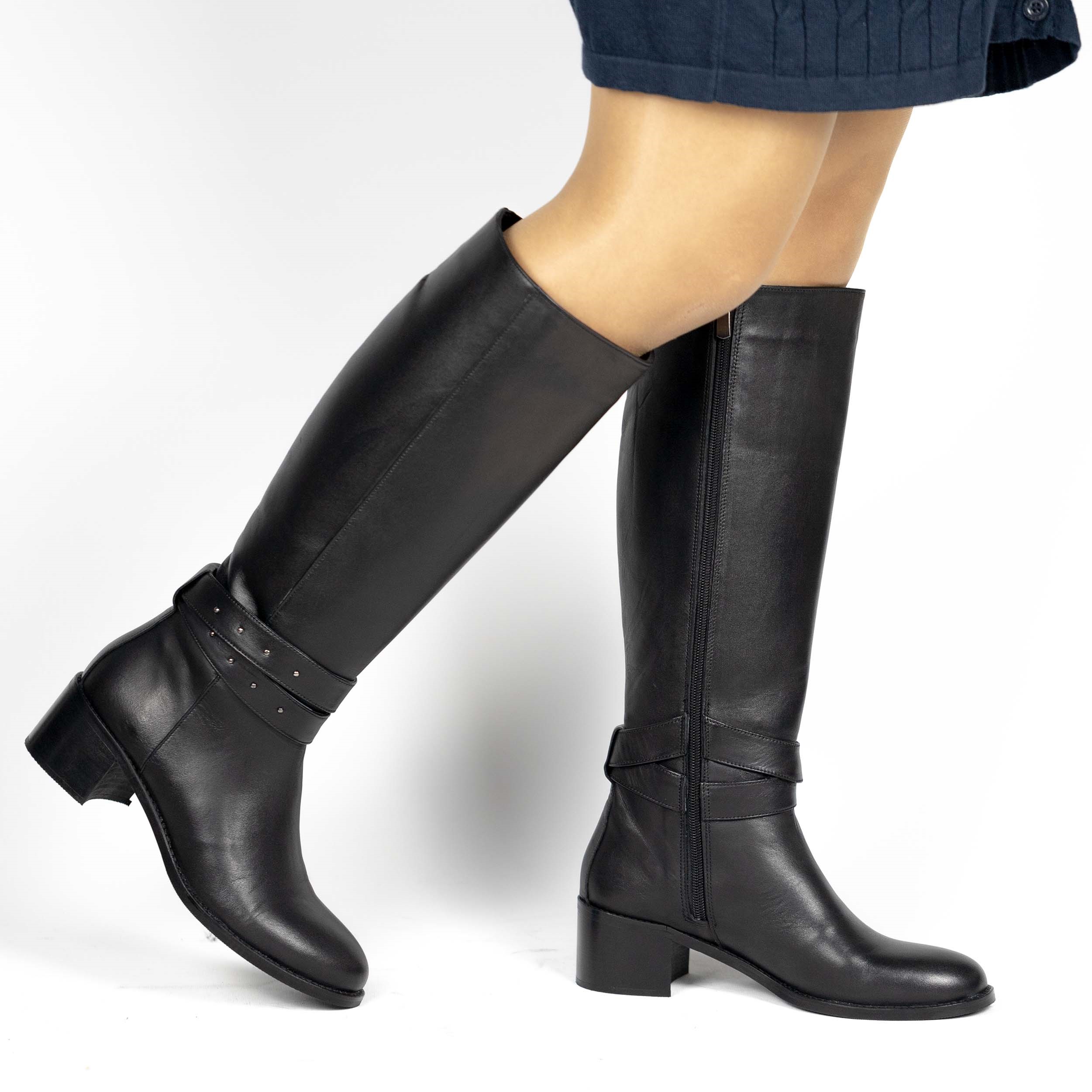 TwoEgoist Kadın Hakiki Deri Siyah Günlük Klasik Fermuarlı Sıcak Astarlı 5 cm Topuklu Geniş Kalıp Çizme, Renk: Siyah, Beden: 36