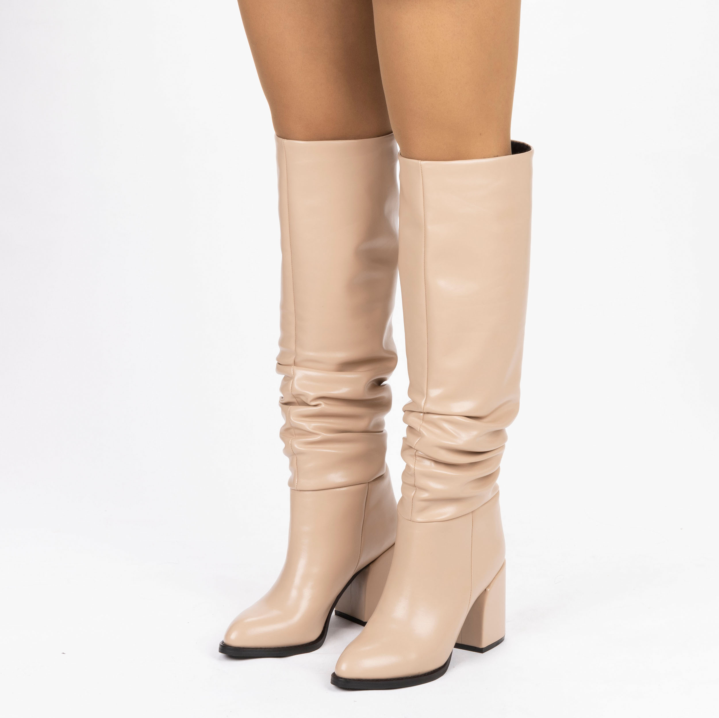 Kadın Sivri Burunlu Kalın Topuklu Körüklü Diz Altı Çizme, Renk: Nude - Cilt, Beden: 37