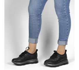 Kadın Günlük Siyah Kalın Yüksek Tabanlı 4 cm Simli Spor Ayakkabı, Renk: Siyah, Beden: 37