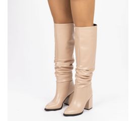 Kadın Sivri Burunlu Kalın Topuklu Körüklü Diz Altı Çizme, Renk: Nude - Cilt, Beden: 38