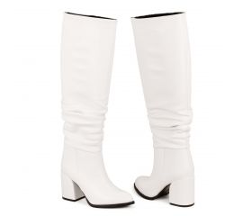 Kadın Sivri Burunlu Kalın Topuklu Körüklü Diz Altı Çizme, Renk: Beyaz, Beden: 36
