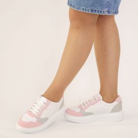 Kadın Kalın Tabanlı Bağcıklı Beyaz - Pembe - Gri Sneakers Günlük Spor Rahat Ayakkabı, Renk: Beyaz, Beden: 36