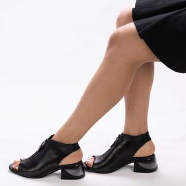 TwoEgoist Kadın Hakiki Deri Siyah Klasik Topuklu Fermuarlı Sandalet, Renk: Siyah, Beden: 36