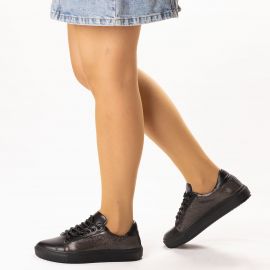 Kadın Hakiki Deri Simli Siyah Günlük Spor Ayakkabı / Sneakers, Renk: Simli Siyah, Beden: 37