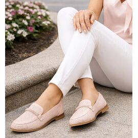 TwoEgoist Kadın Hakiki Deri G&uuml;nl&uuml;k Şık Tokalı Klasik Loafer Babet Ayakkabı, Renk: Pudra, Beden: 36