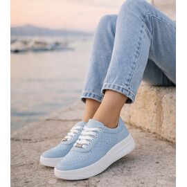 Kadın Kalın Tabanlı Bağcıklı Mavi Sneakers G&uuml;nl&uuml;k Spor Rahat Ayakkabı, Renk: Mavi, Beden: 40
