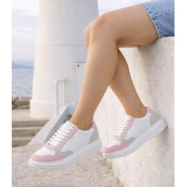 Kadın Kalın Tabanlı Bağcıklı Beyaz - Pembe - Gri Sneakers G&uuml;nl&uuml;k Spor Rahat Ayakkabı, Renk: Beyaz, Beden: 36
