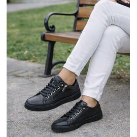 Kadın Hakiki Deri Fermuarlı G&uuml;nl&uuml;k Spor Ayakkabı / Sneakers, Renk: Siyah, Beden: 36